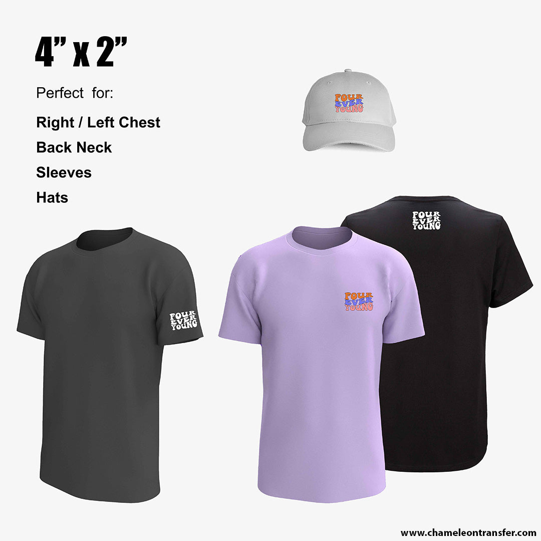 DTF printed t-shirts and hat featuring 4"x2" designs, ideal for chest, sleeve, back neck, and hat branding.
