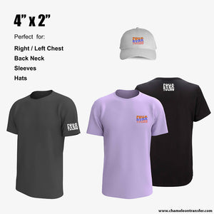 DTF printed t-shirts and hat featuring 4"x2" designs, ideal for chest, sleeve, back neck, and hat branding.
