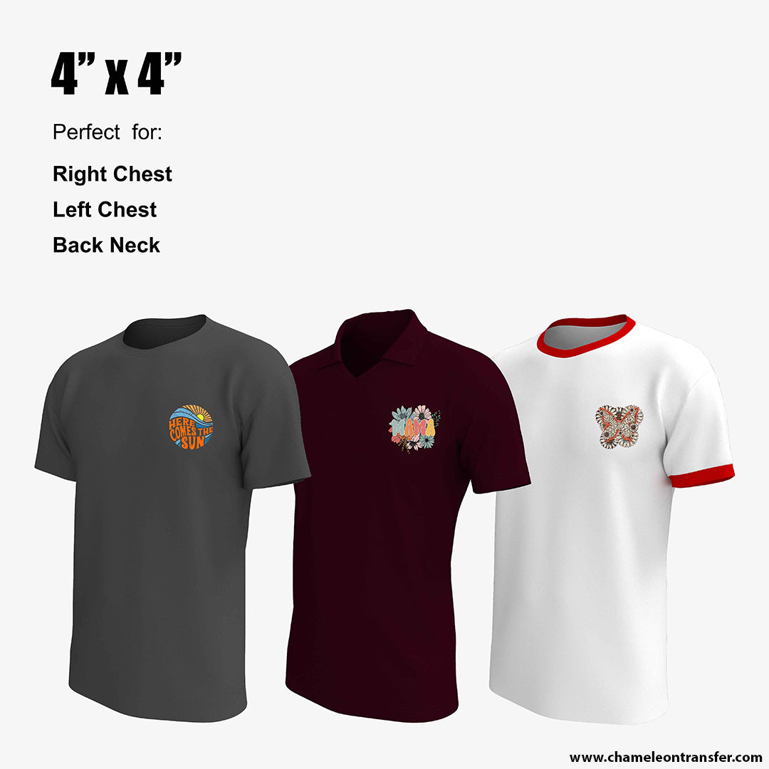 Custom printed t-shirts showcasing 4"x4" DTF designs, ideal for left chest, right chest, or back neck placements.