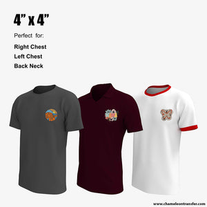 Custom printed t-shirts showcasing 4"x4" DTF designs, ideal for left chest, right chest, or back neck placements.