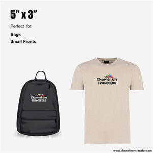 T-shirt and backpack with 5"x3" DTF logo prints, ideal for small front branding and custom bag designs.