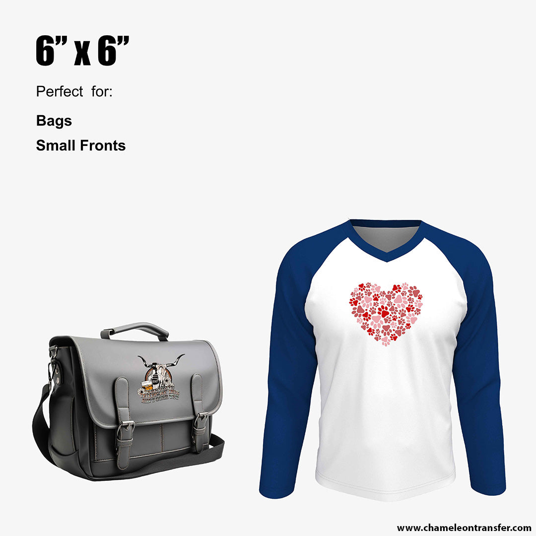 side sling bag with hook and blue and white V neck sweatshirt with heart on chest print, size marked as 6"x6"