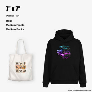 custom White tote bag and black hoodie size marked as 7"x7", chest print on hoodie