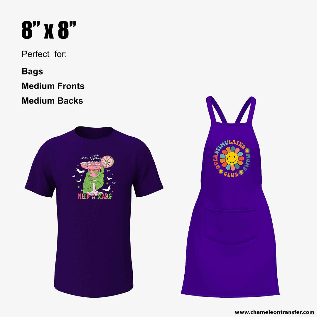 Custom apron and round neck t-shirt featuring 8"x8" DTF print size, ideal for large front and back prints with playful holiday designs.