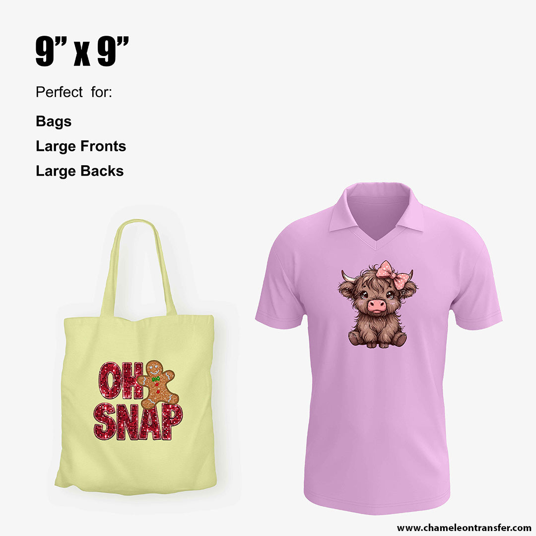 Custom tote bag and polo t-shirt featuring 9"x9" DTF print size, ideal for large front and back prints with playful holiday and animal designs.